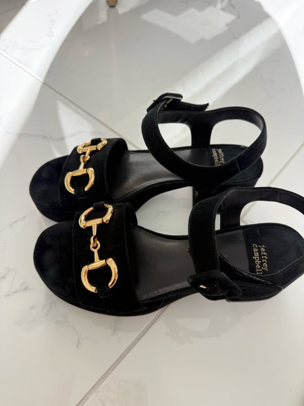 Jeffrey Campbell Black Velvet Sandals with Gold Horsebit - Picture 3 of 4